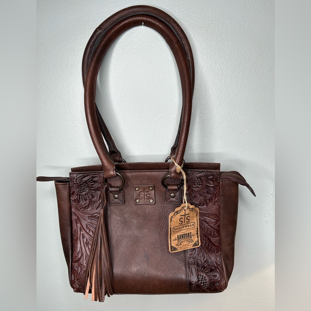 STS Ranchwear Brown Floral Tooled Leather Shoulder Bag with Tassel